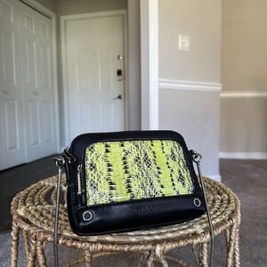 $225 MILLY Mercer Crossbody Purse Handbag LIMEADE Snakeskin Black Leather